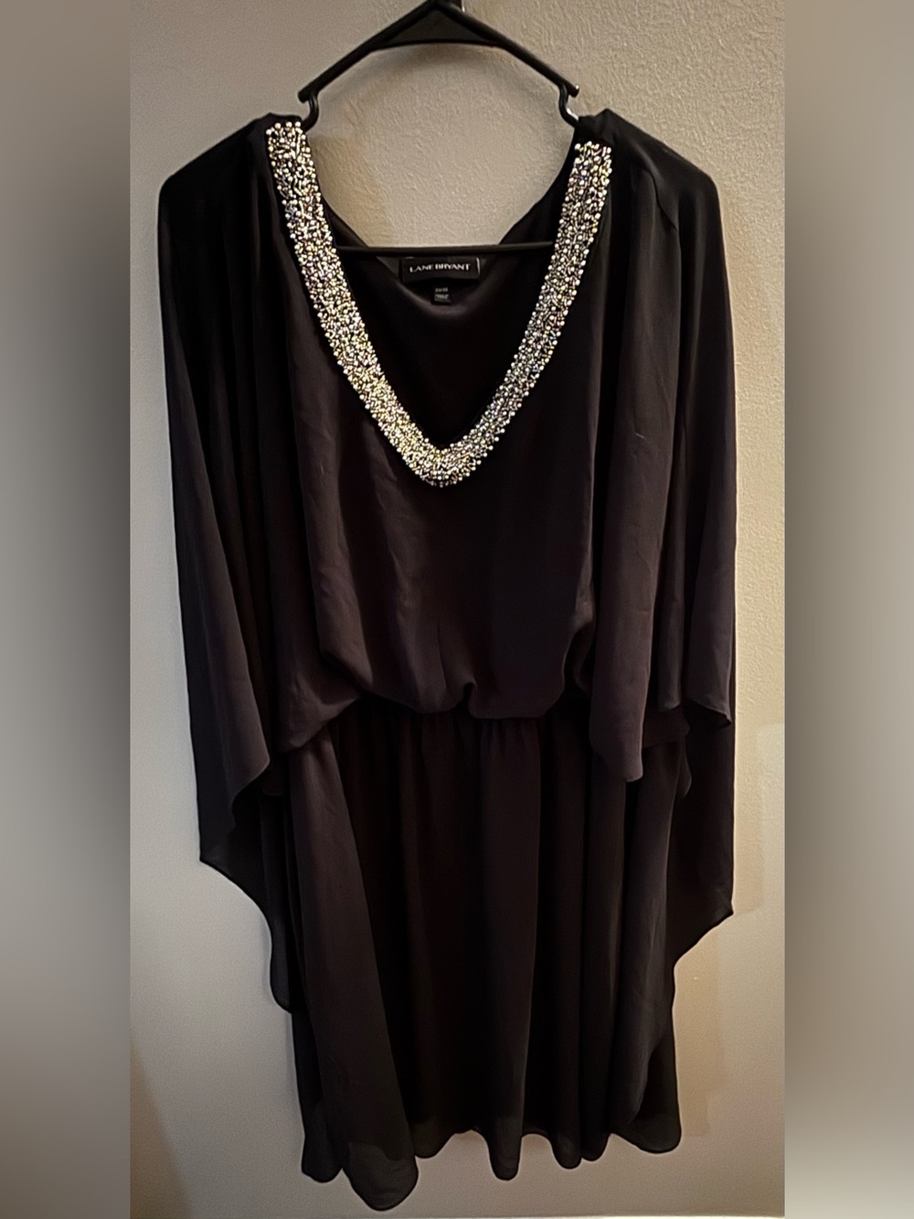 Lane Bryant Black Drape Sleeve V-Neck Dress with Beaded Trim